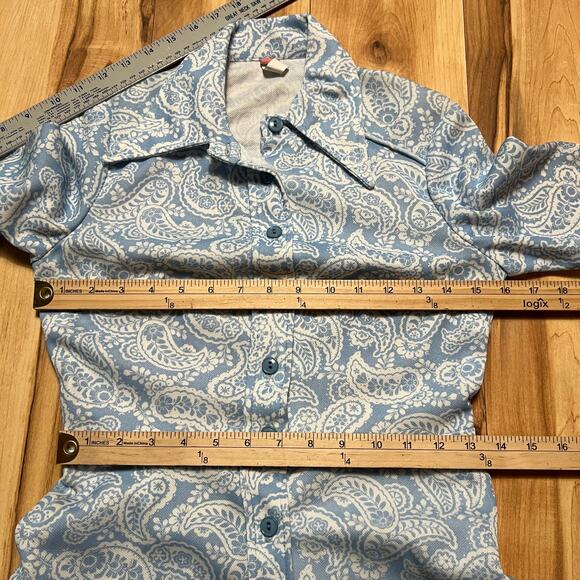 VINTAGE 70s Handmade Dagger Collar Paisley Shirt Dress Size 2 Mod Hippie Blue - Picture 3 of 6